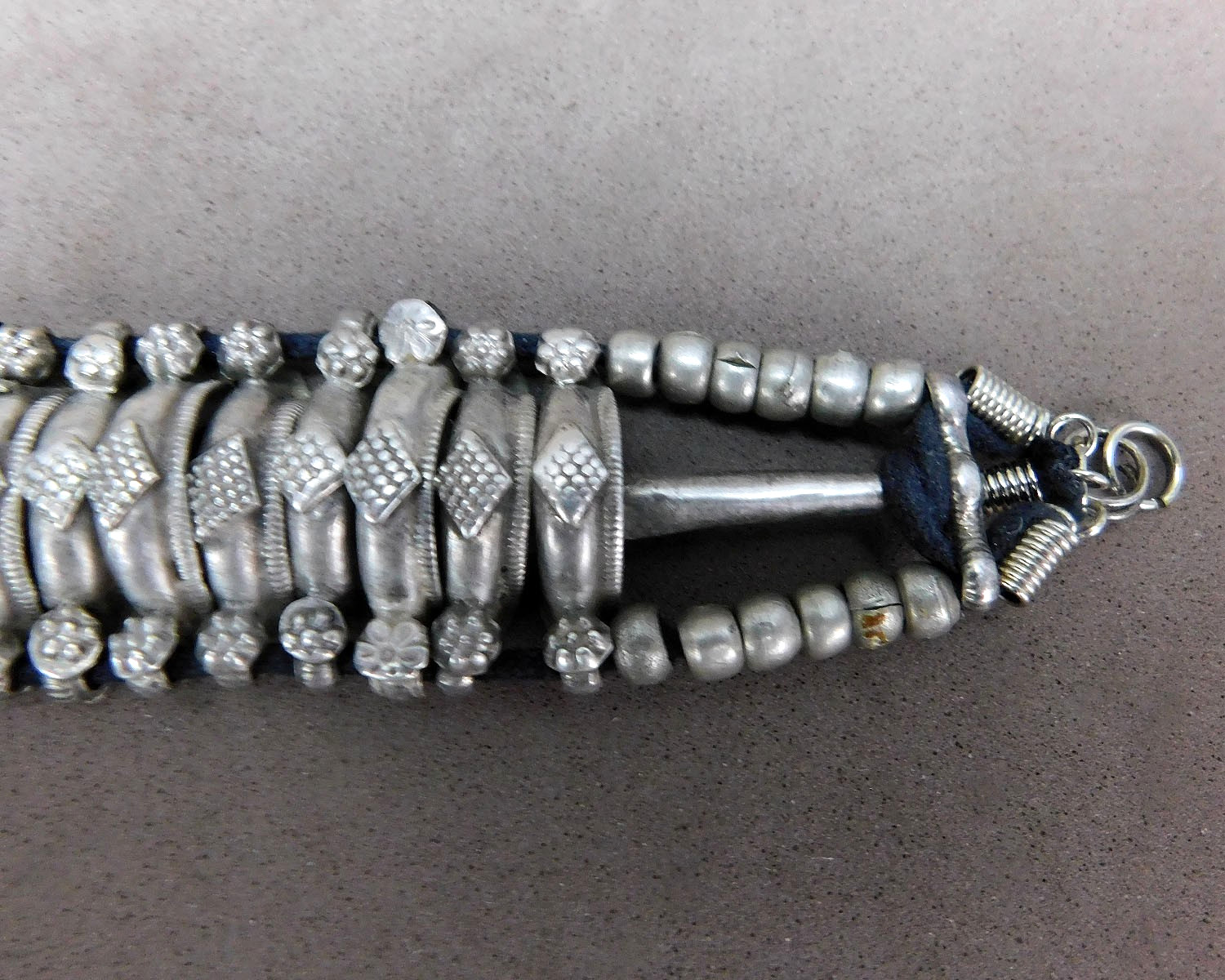 Vintage Handmade Segmented Silver Tone Metal Bracelet Small Stone Clean Used