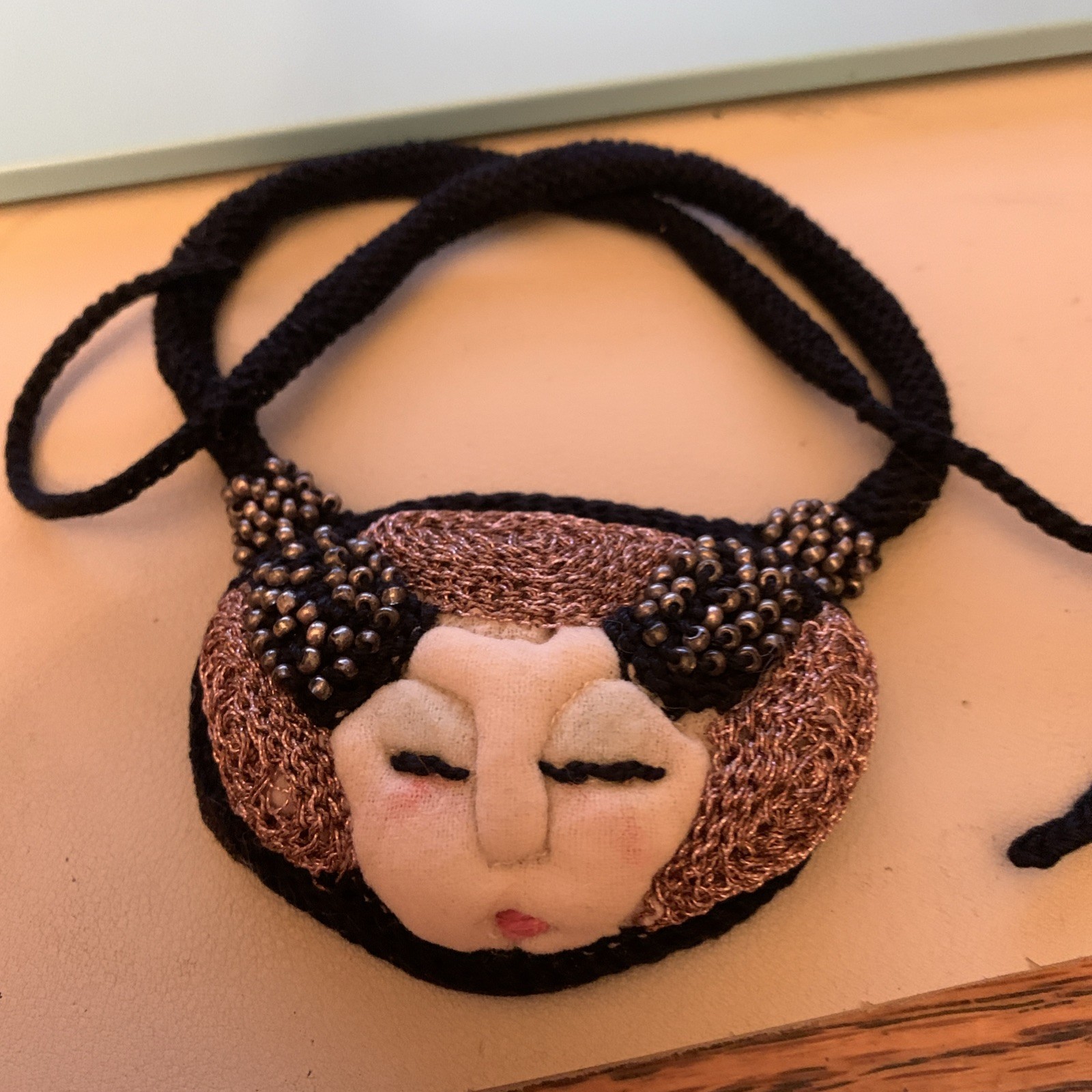 Art Deco Style Beaded Fiber Portrait Necklace Oriental Asian