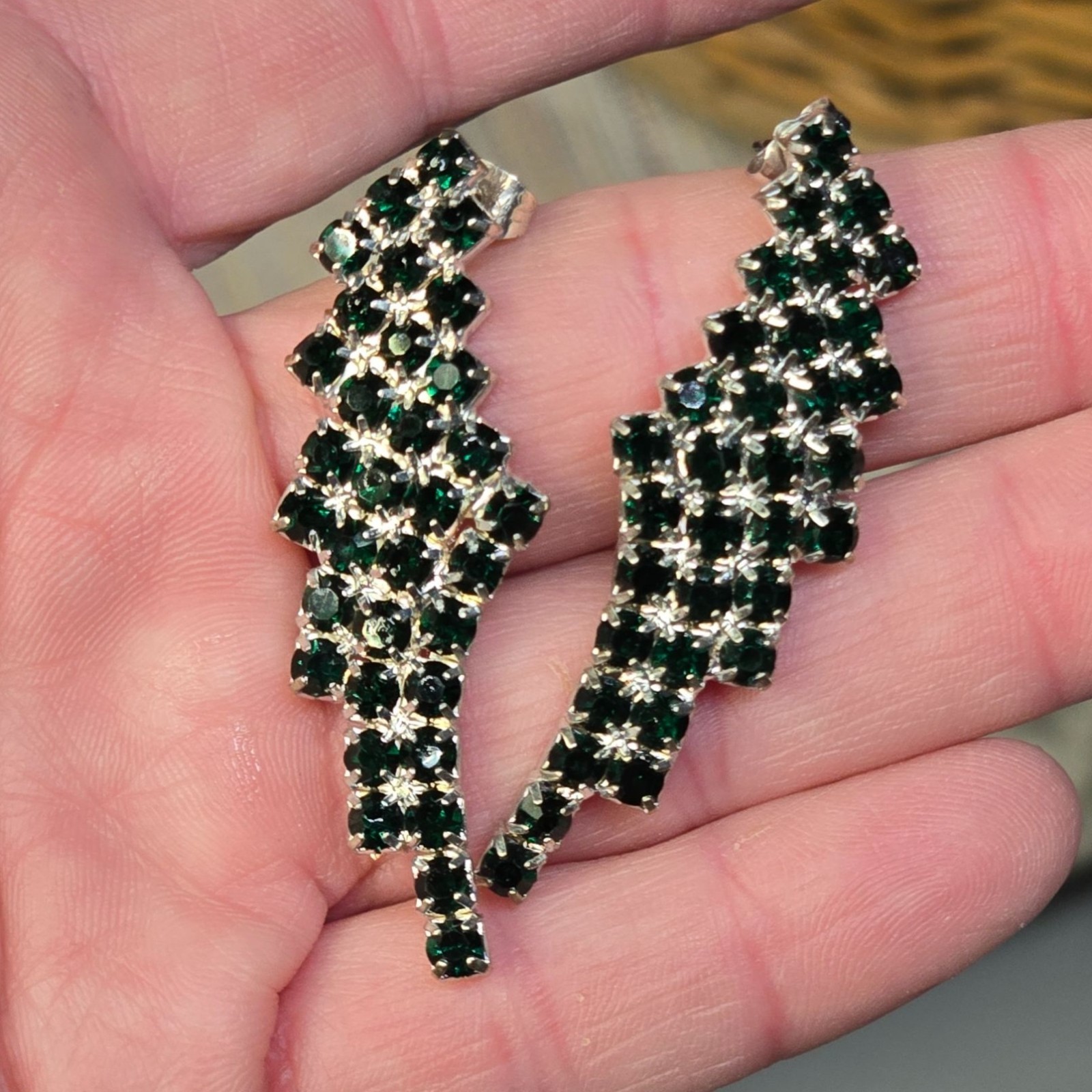 VTG Sterling Emerald Green Rhinestone Earrings Chandelier Waterfall Design 925
