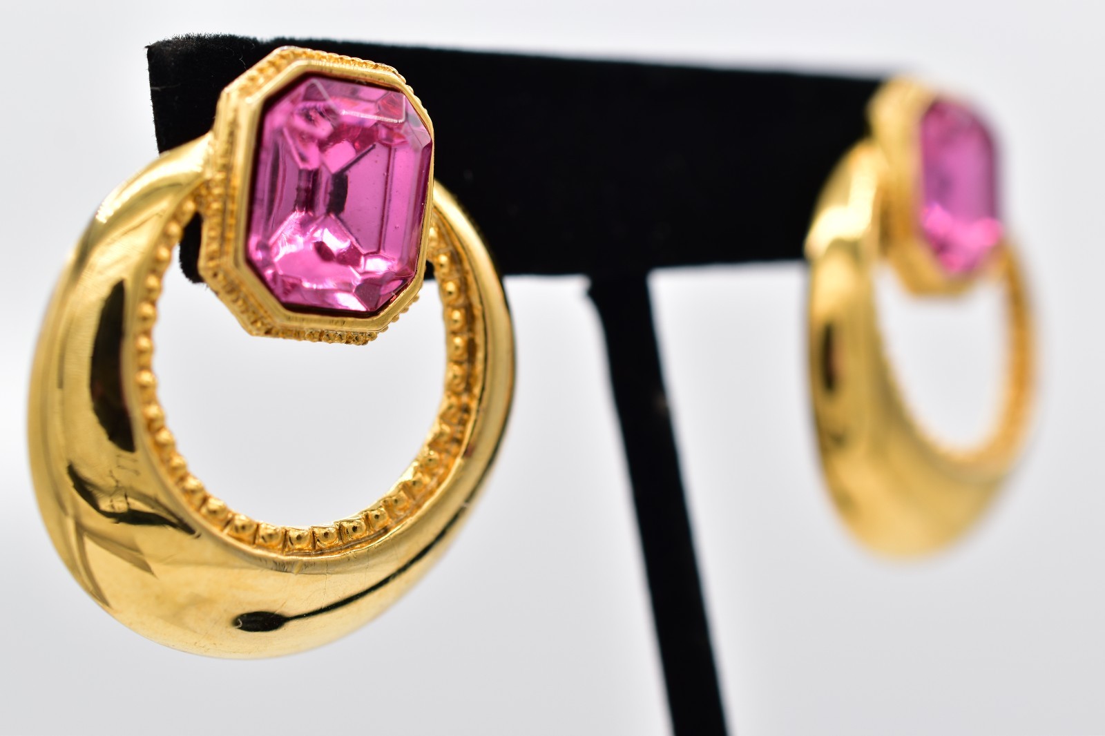 VIntage Pink Baguette Crystal Earrings Drop Dangle Gold Tone Chunky 1980s BinAI