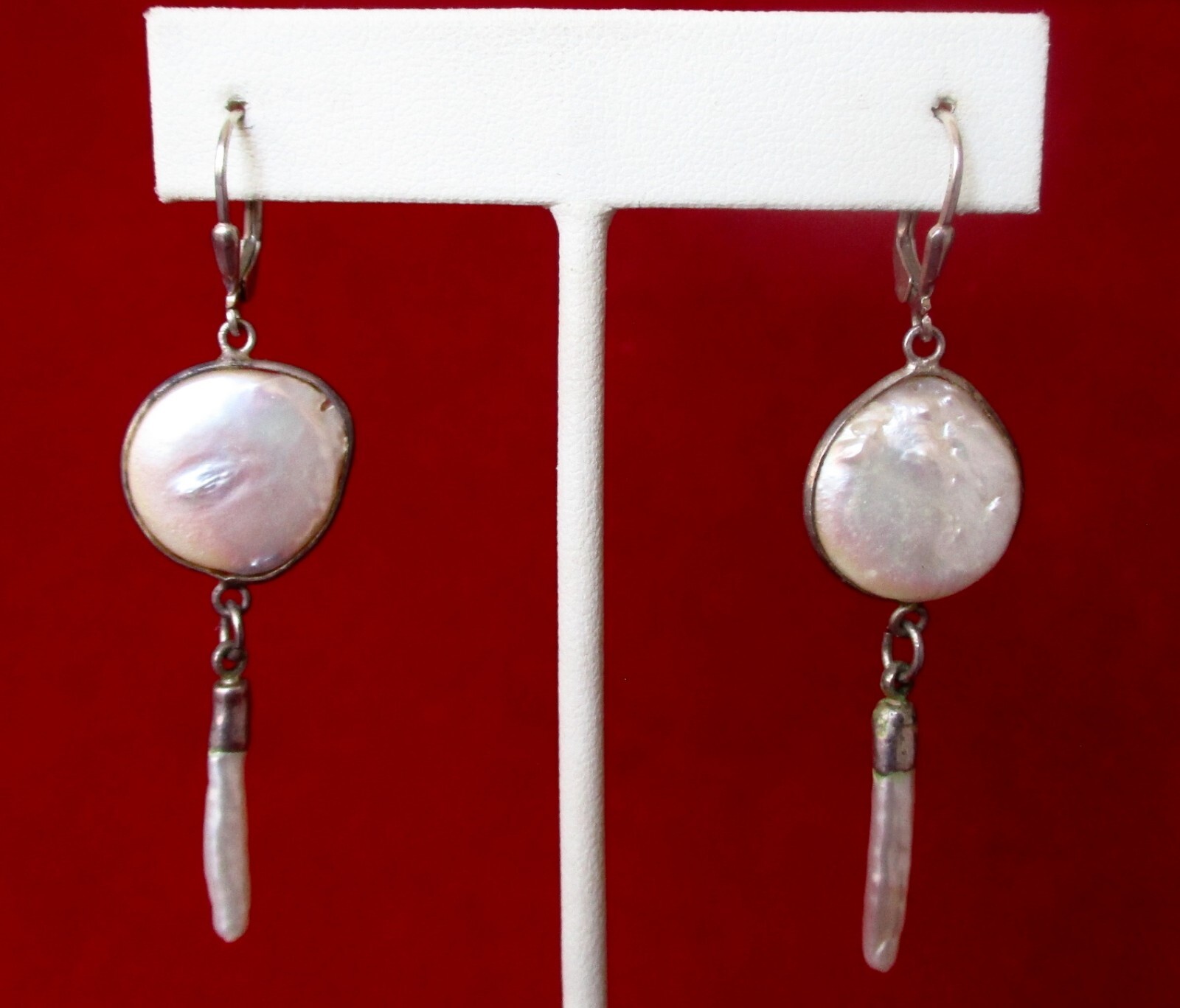 Pair of Vintage 2 1/2-Inch Coin Pearl Earrings With Drop/Boho/Shabby Chic/Hippie