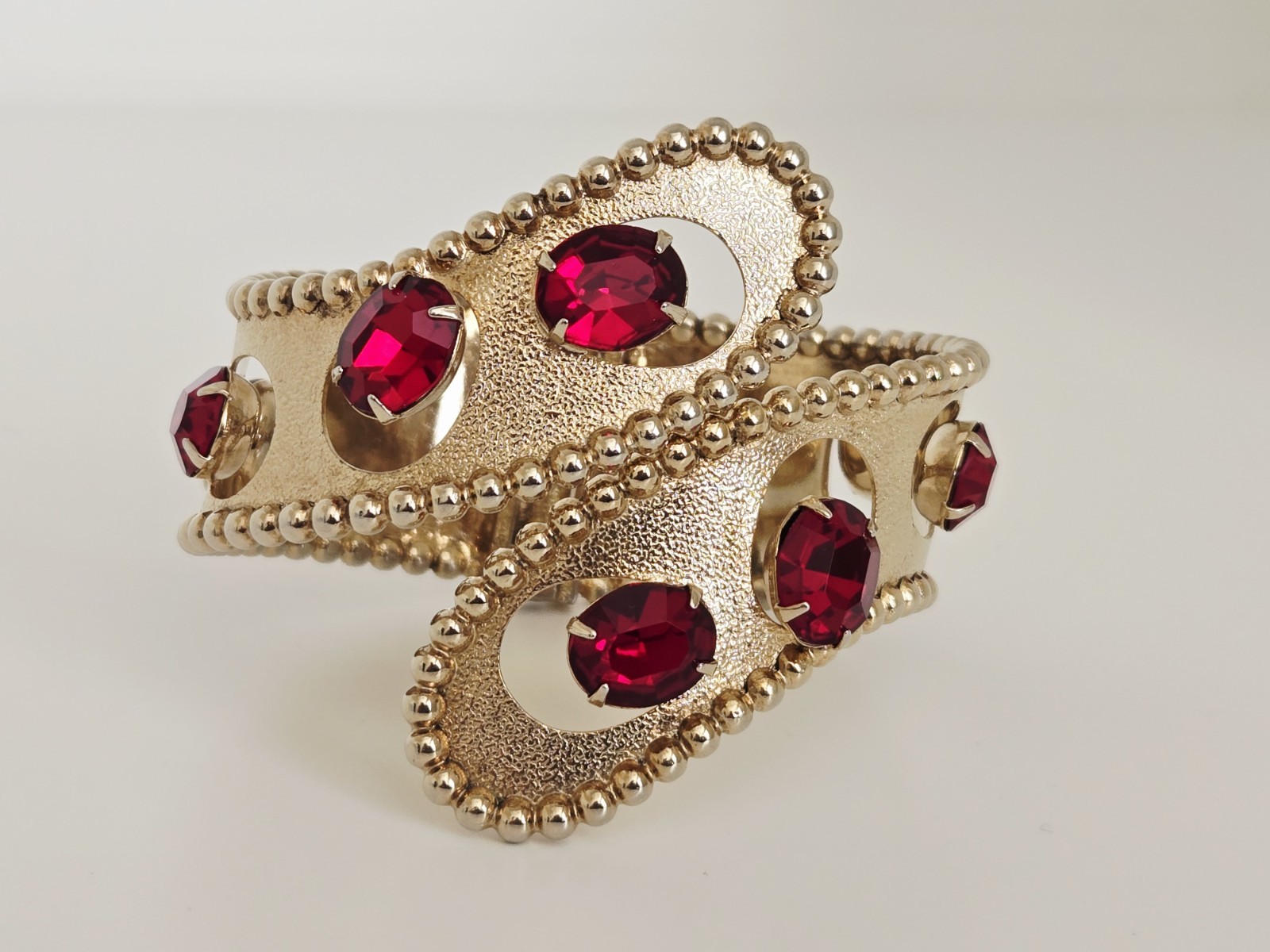 Vintage MCM Gold Tone Red Rhinestone Statement Clamper Bracelet
