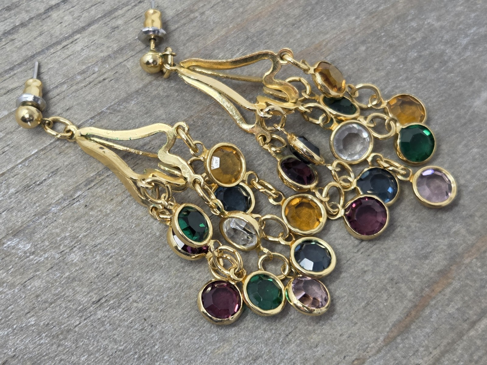 Multicolor Bezel Crystal Dangle Drop Earrings Multi-strand Vintage Unsigned