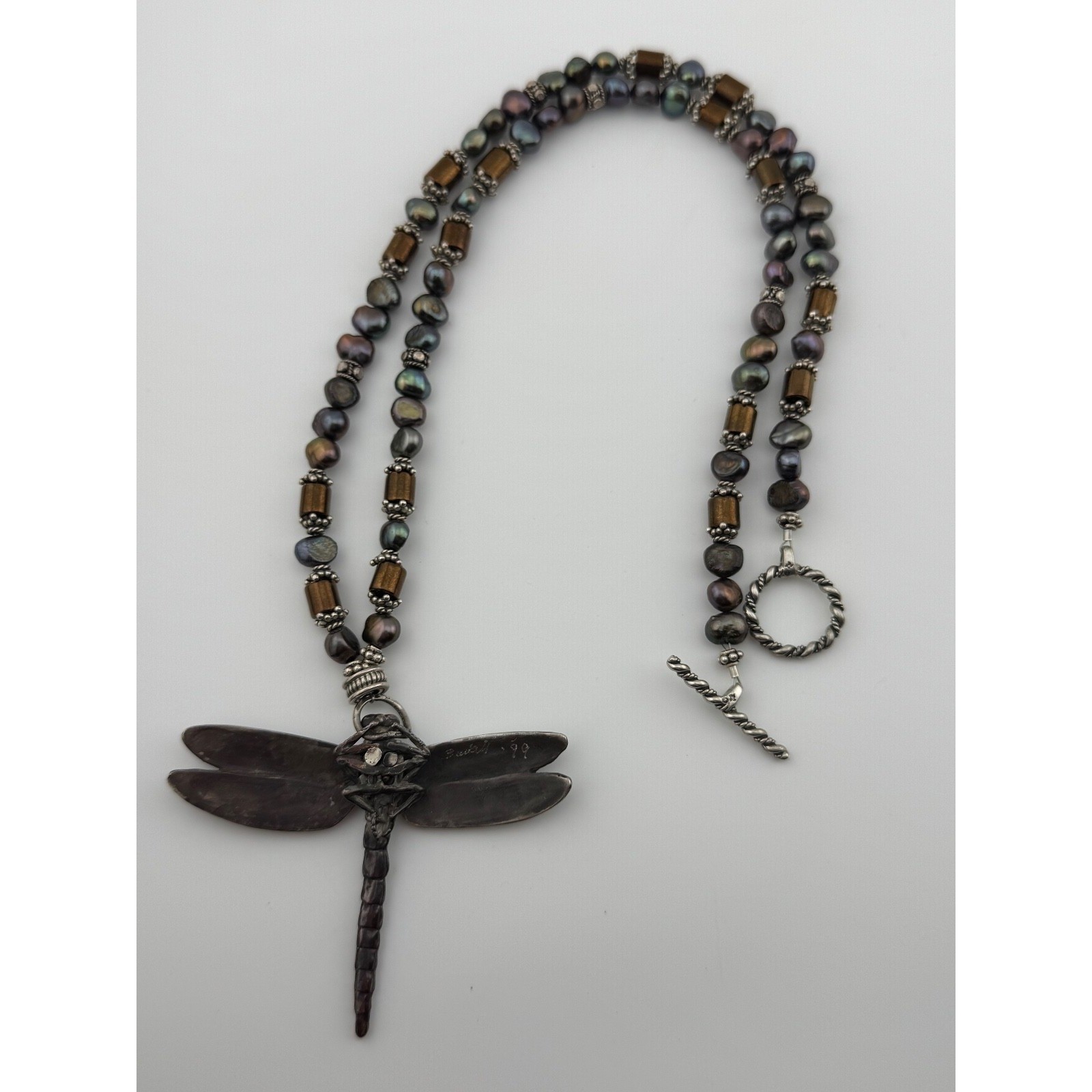 Vintage 1999 Robert Bob Burkett Signed Dragonfly Pendant Beaded Pearl Necklace