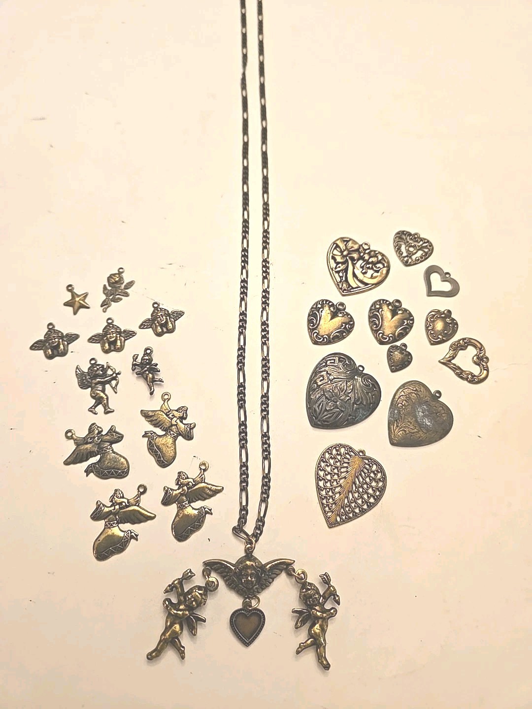Vintage Cherub Heart Charm Lot Statement Necklace Victorian Revival Romantic