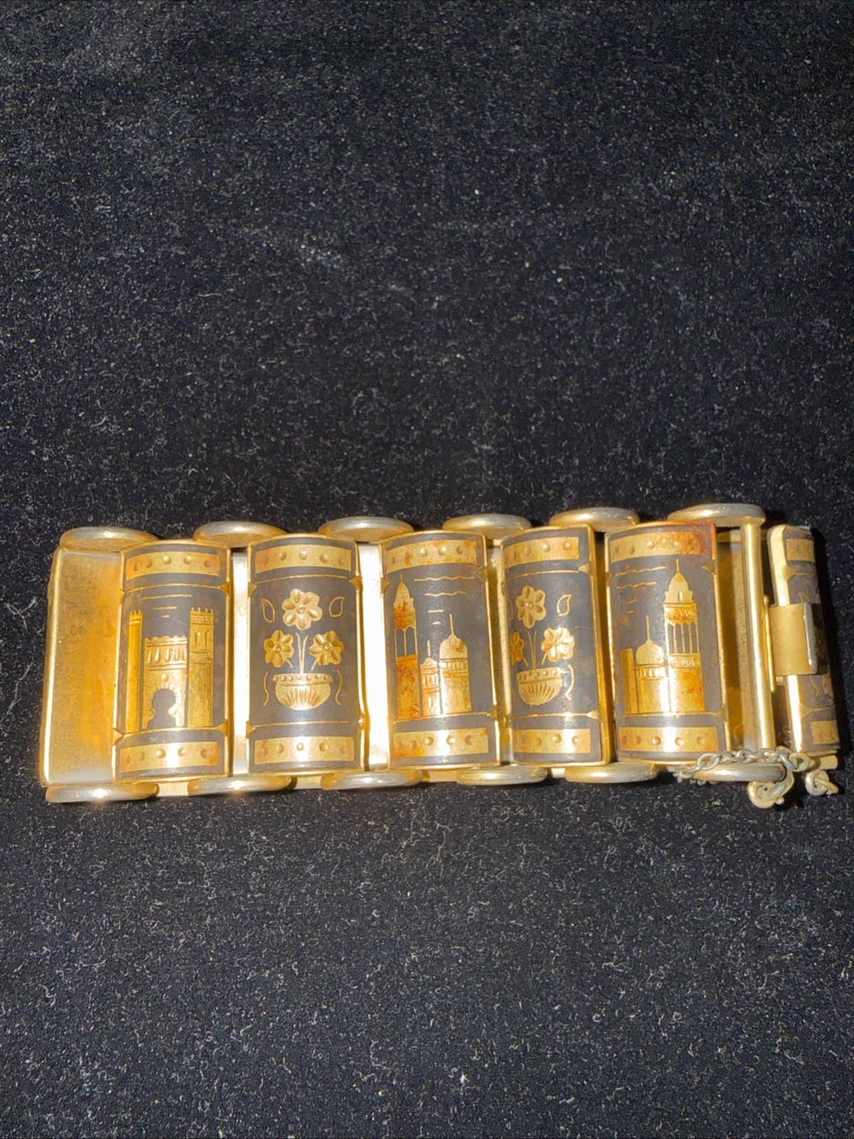 Vintage Spanish Damascene Bracelet Floral And Buildings