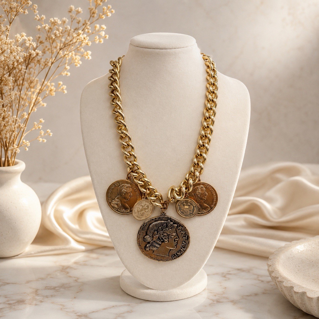 Vintage Heavy Chunky Gold Tone Roman Coin Necklace 128g Runway Statement Jewelry
