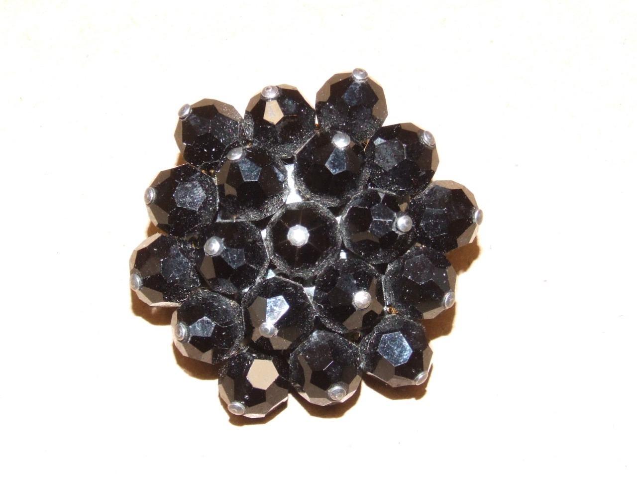 Vintage Black Faceted Glass Flower Pin Brooch 1 1/2 inches Across