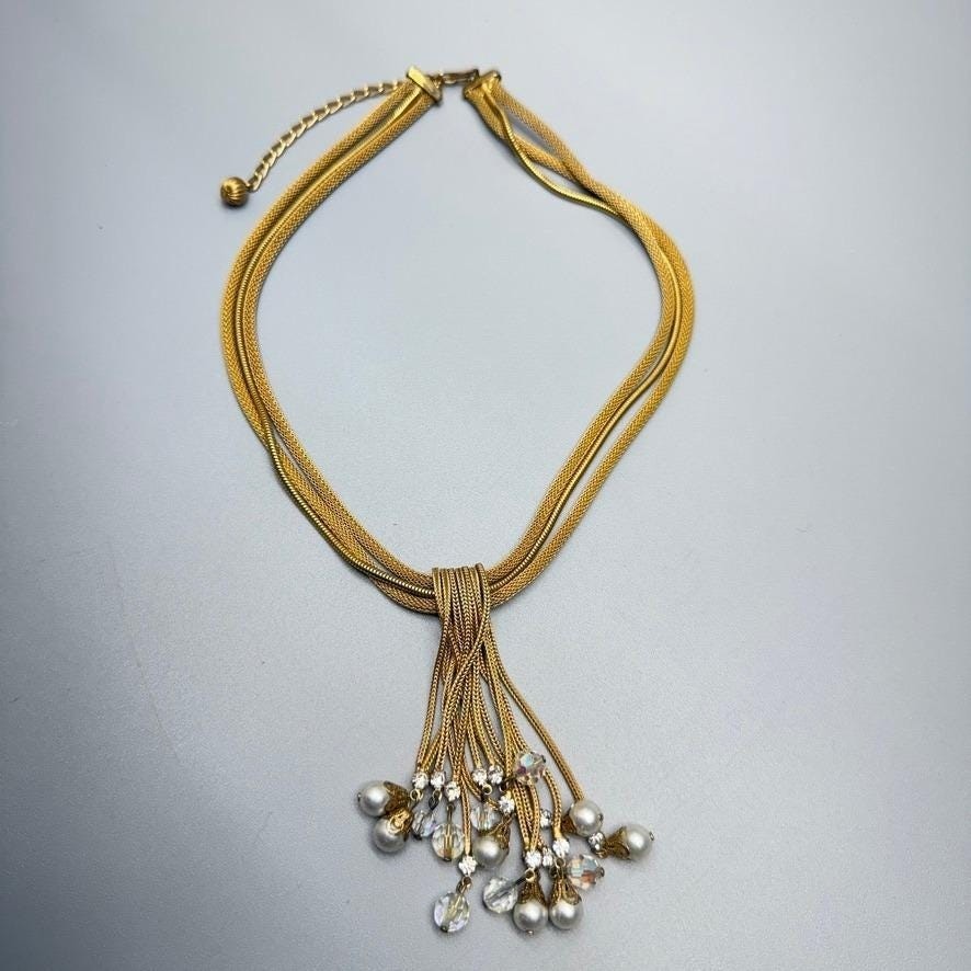 Vintage Gold Tone Mesh Chain Necklace Tassel Crystals 17″ Statement Adjustable