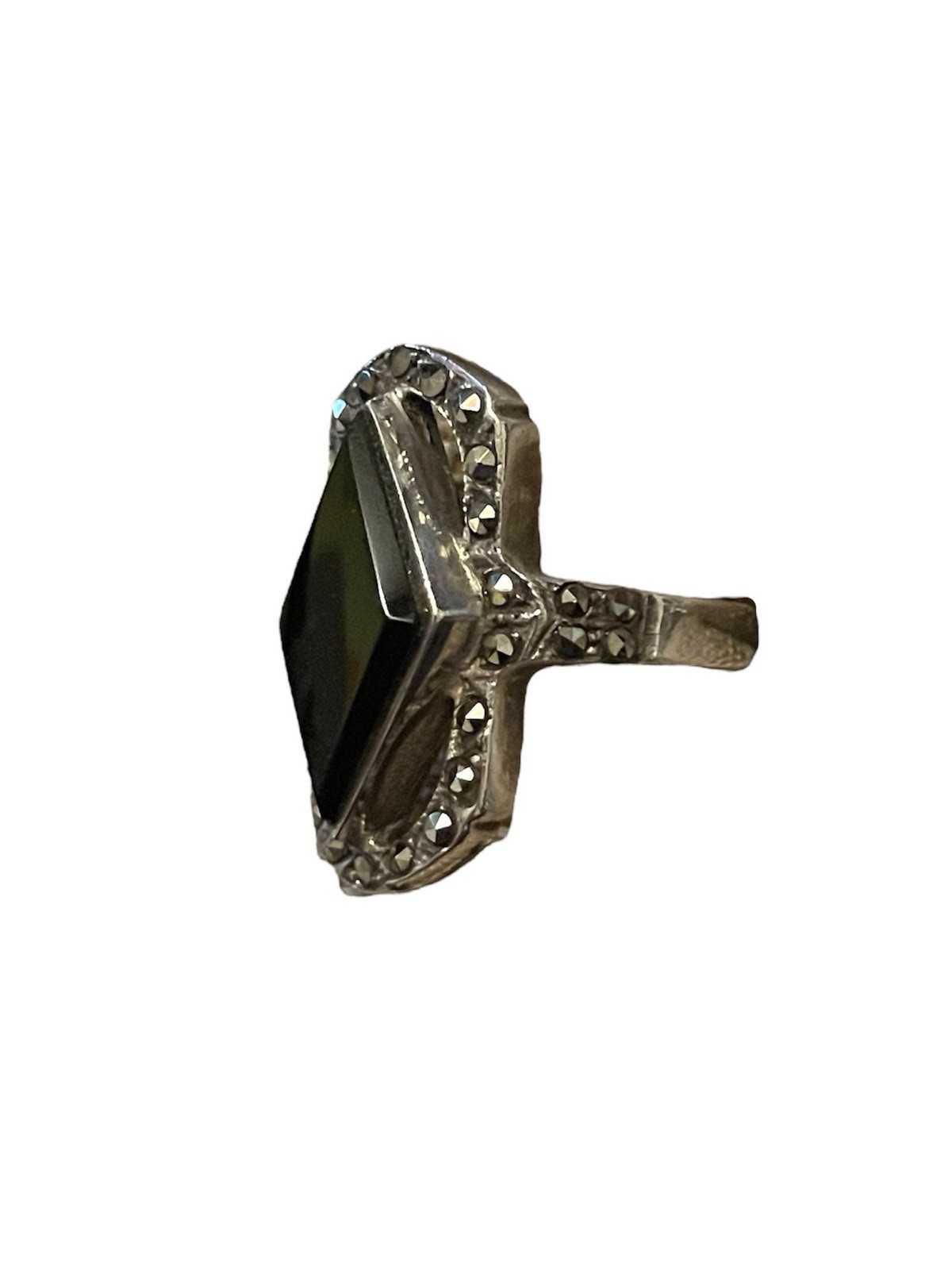 Diamond Black Onyx & Marcasite Sterling Silver Art Deco Ring
