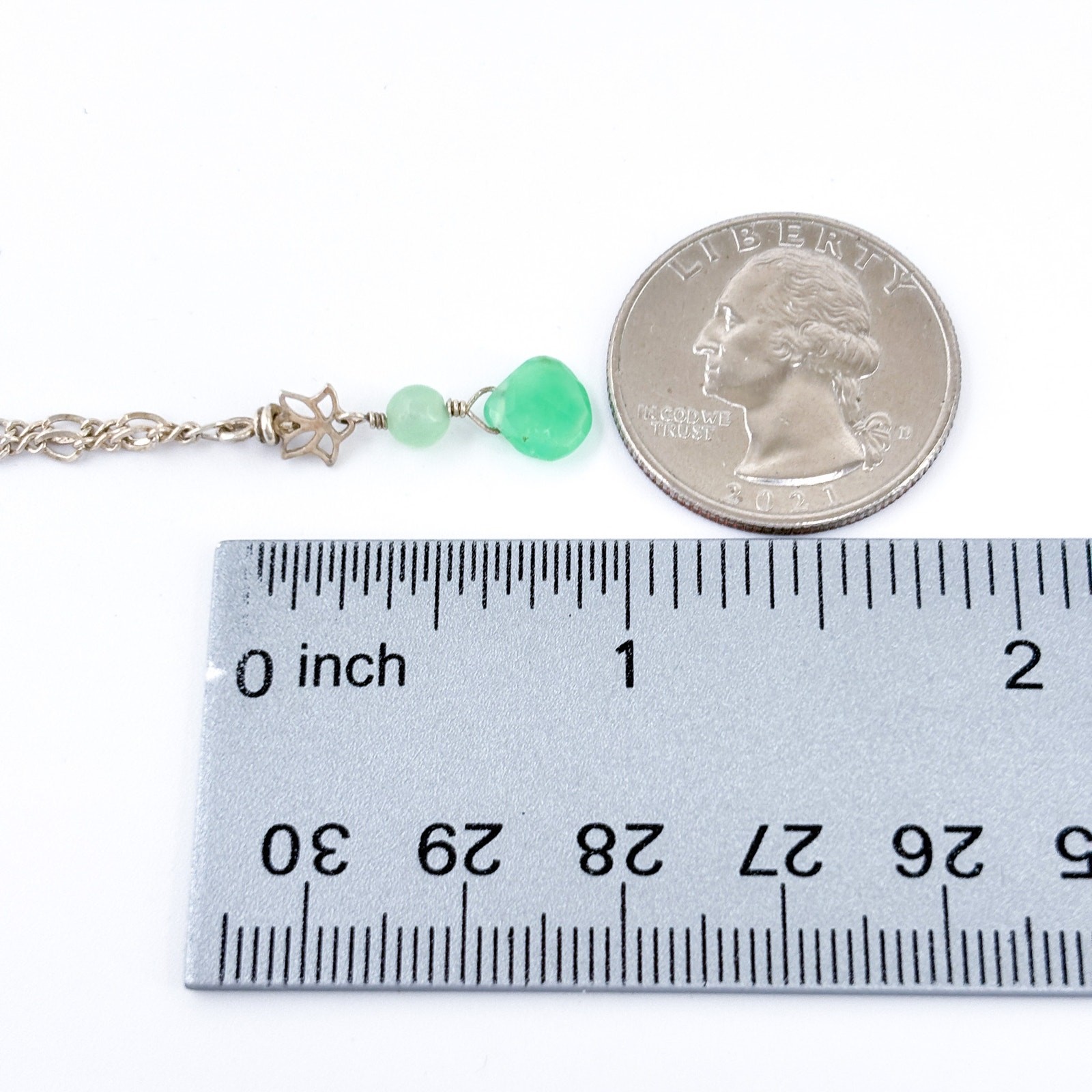 Vintage Silver-Tone Green Glass Double Drop Chain Necklace 18″