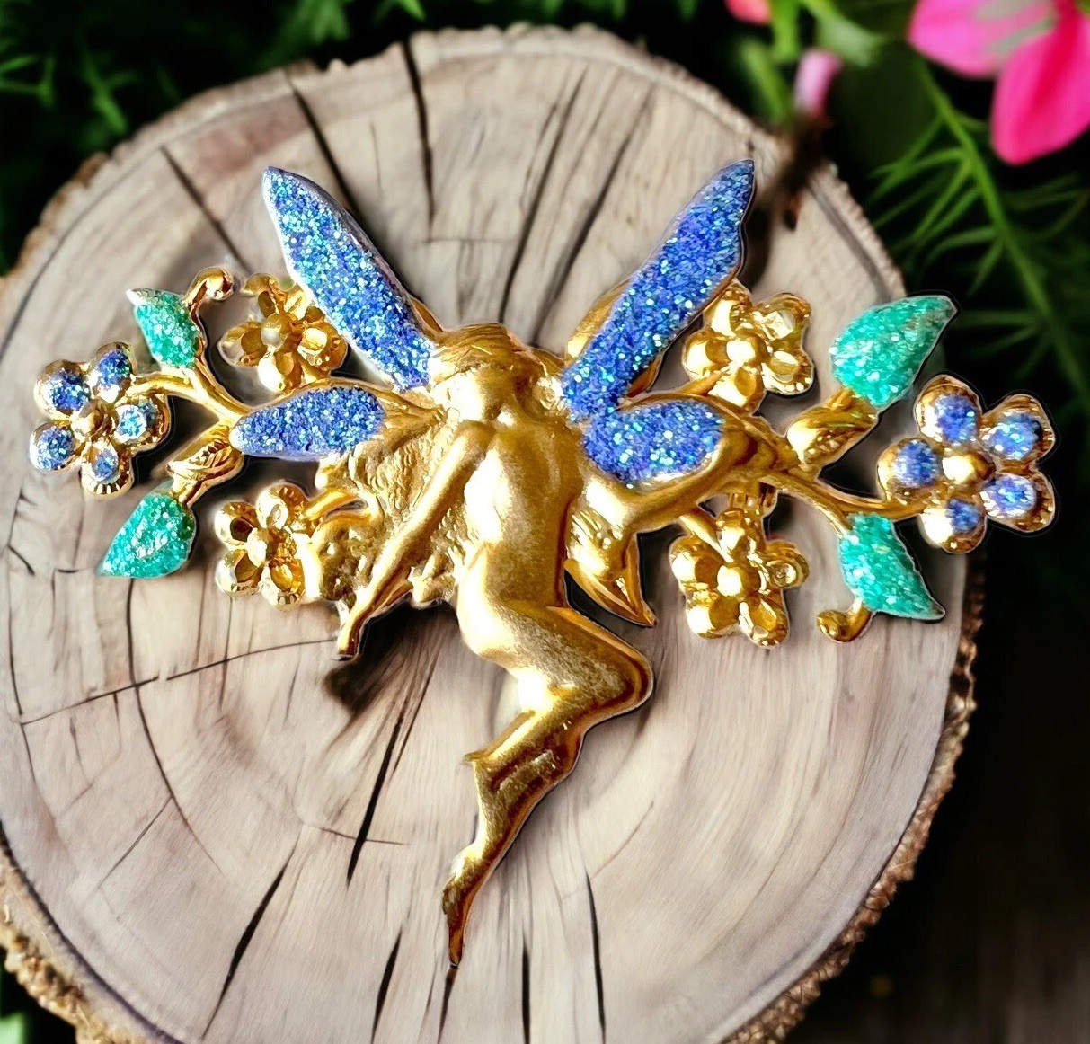 Fairy Brooch Gold Tone Pixie Pin Sparkling Flowers Vintage Whimsical