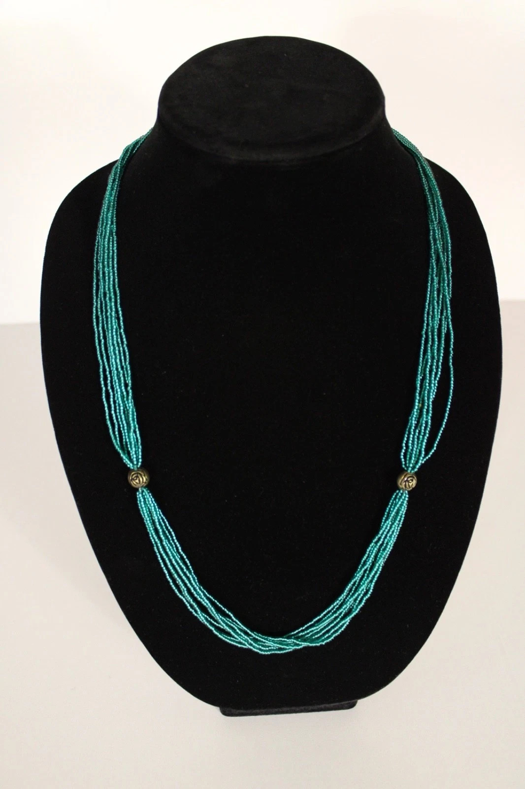 Beaded Necklace Dark Blue Green 28″ 28 in 8 Strand Small Tiny Seed Bead Handmade