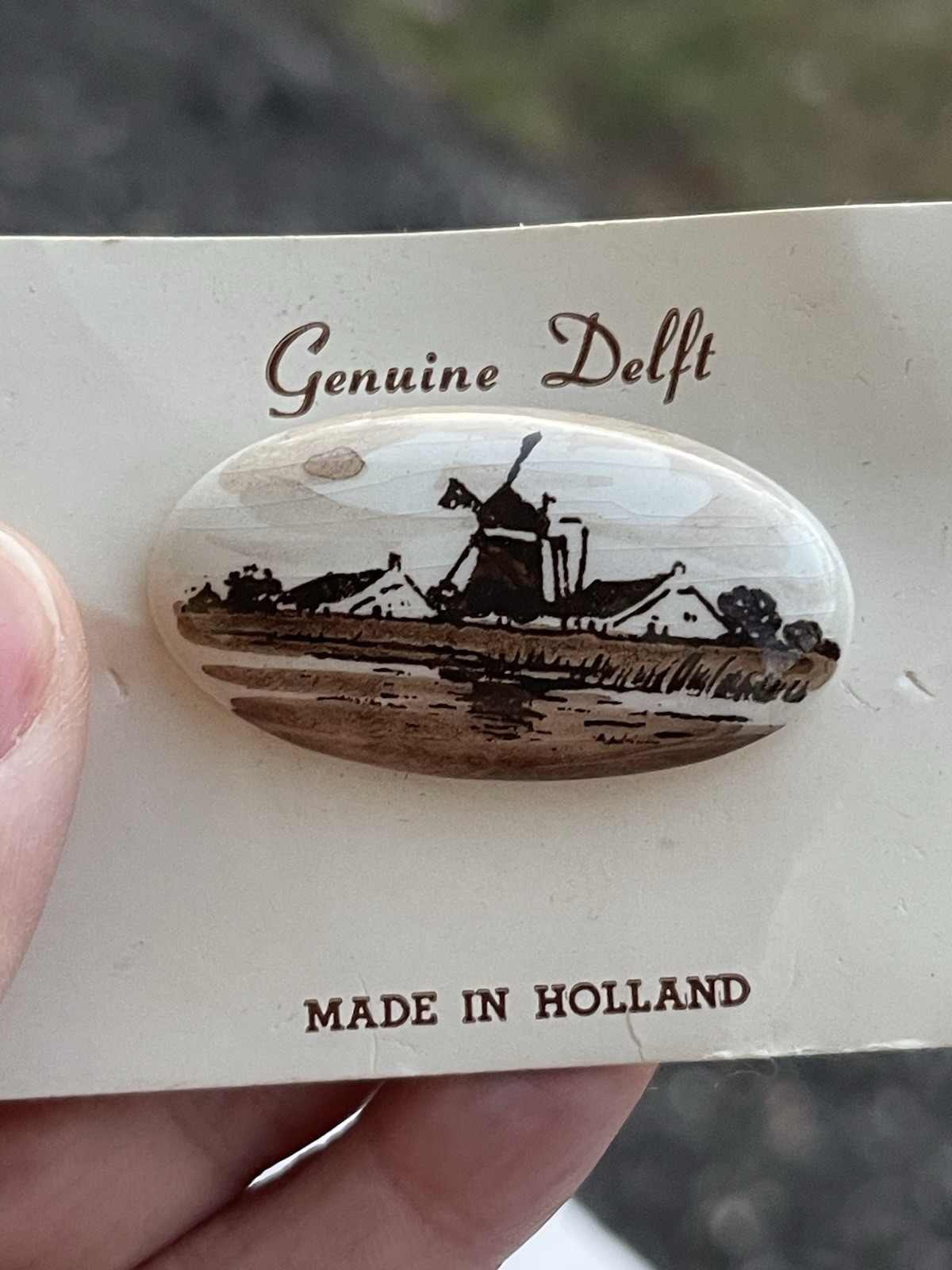 Jewelry Delft Brooch Earrings Hand Paint Brown Wind Mill Cottage Scene Holland