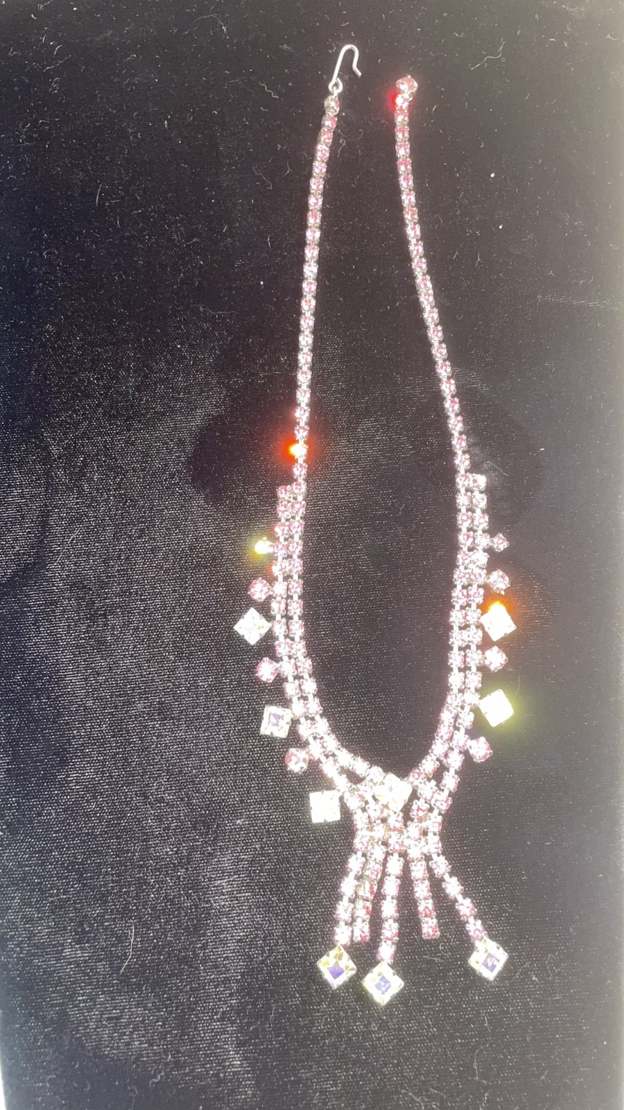 Vintage Art Deco Hook Clasp Pink & Clear Rhinestone Necklace