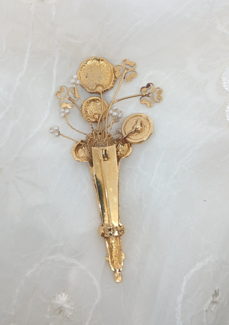 Floral Spray Floral Bouquet Brooch Large Gold Tone Faux Pearl