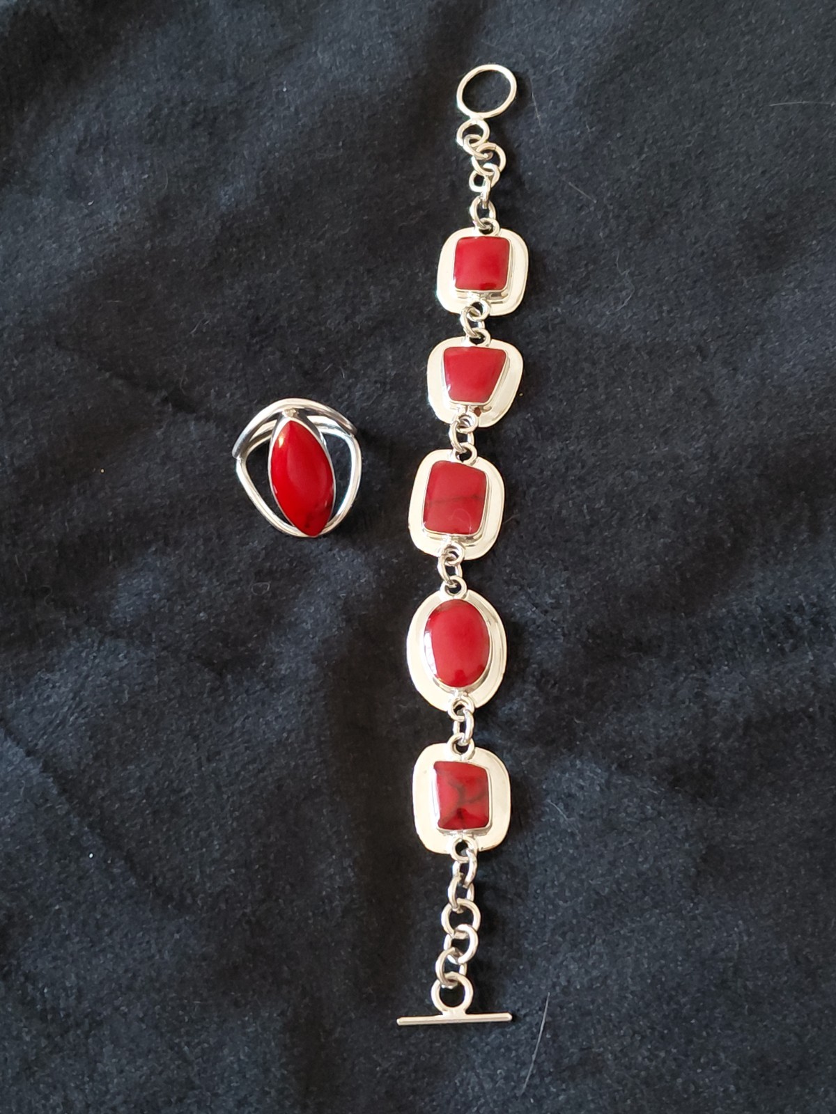 Taxco Vintage Signed ATI Mexico Sterling Silver Red Jasper Bracelet And Ring Set