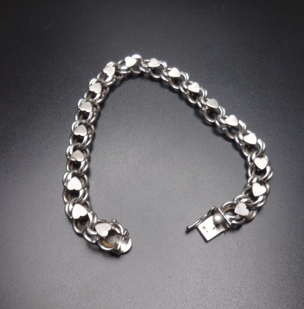 Vintage 925 Sterling Silver Heart Starter Charm Bracelet 7″