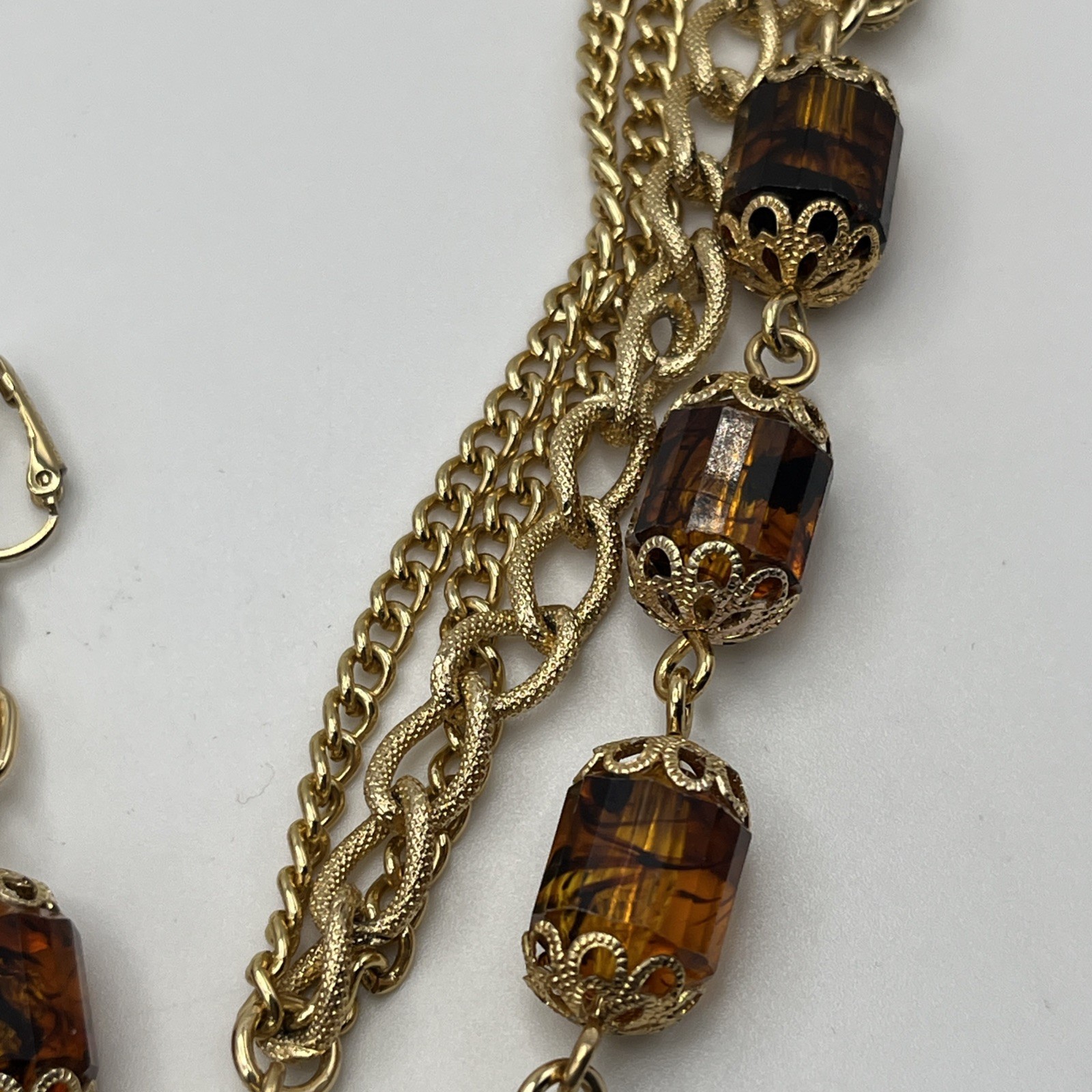 Vintage Sarah Coventry 50″ Long 3 Strand Gold Tone Necklace Barrel With Earrings