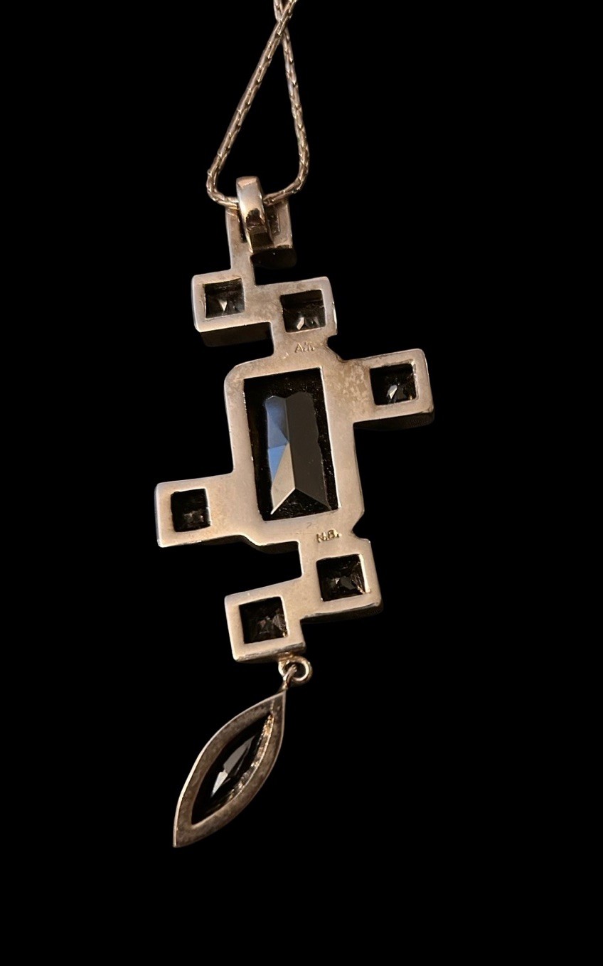 Vtg Onyx Geometric Bold Brutalist Pendant Statement Necklace Marked A.T. N.8