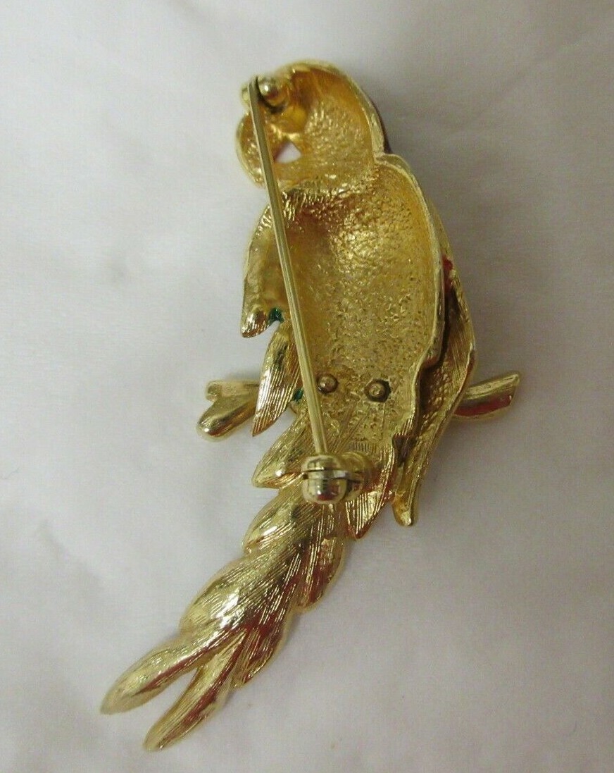 Vintage Gold Tone Green, Red, Yellow & Blue Enamel Parrot Brooch