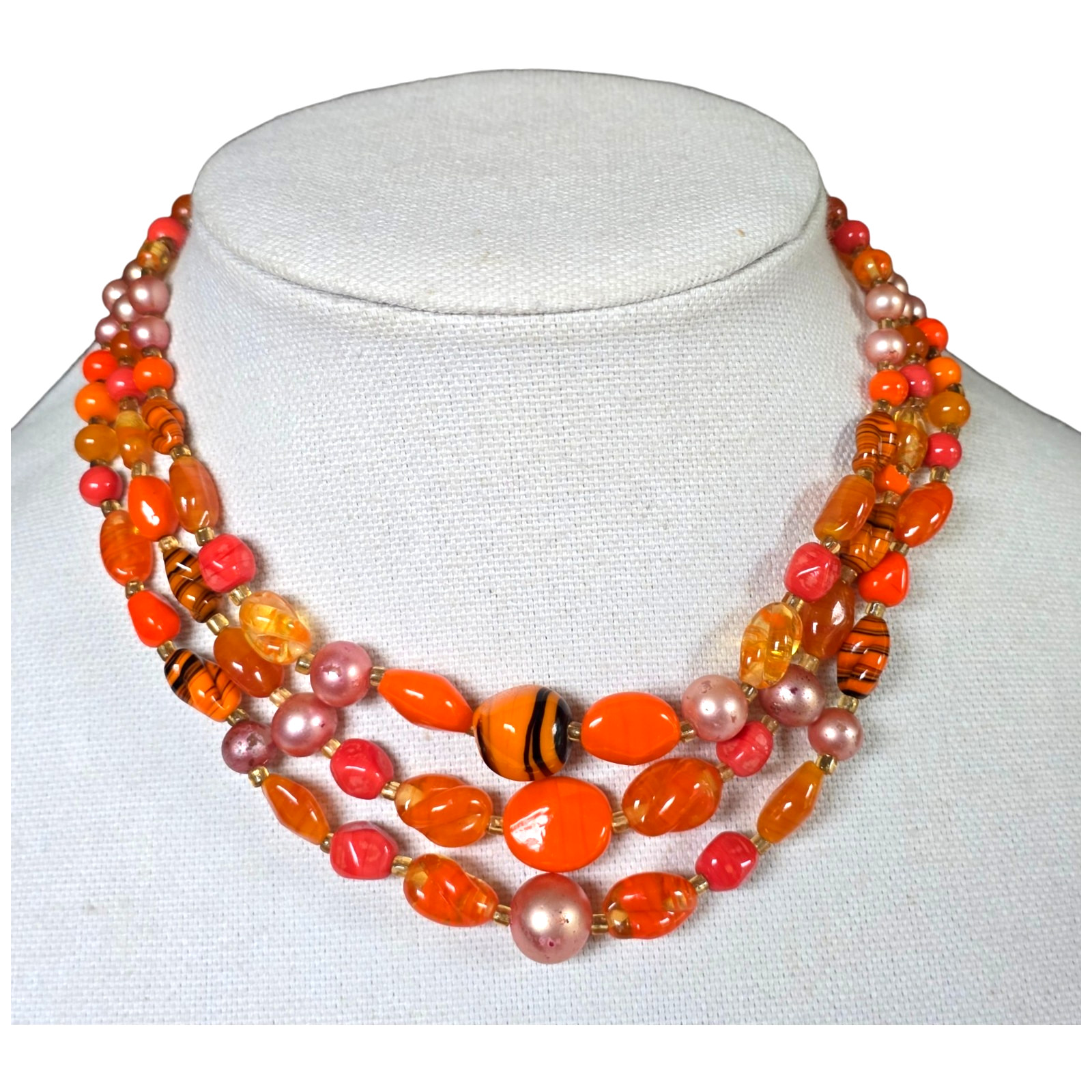 Vintage Japan 3 Multi-Strand Beaded Necklace Orange Pink Art Glass Beads