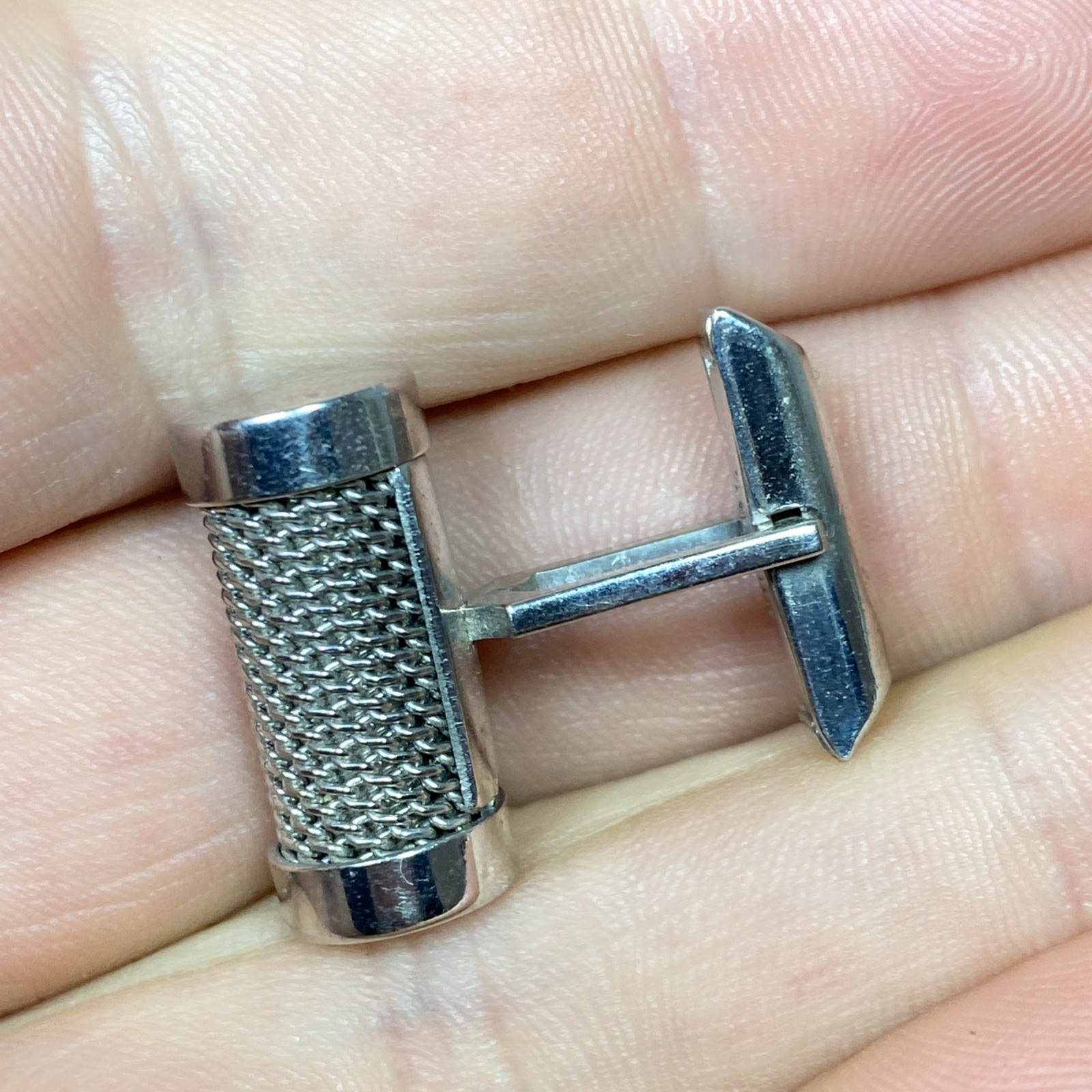 Vtg Round MESH Swank Cuff Links Tie Clip Bar Set (LOOKS LIKE A RETRO MICROPHONE)