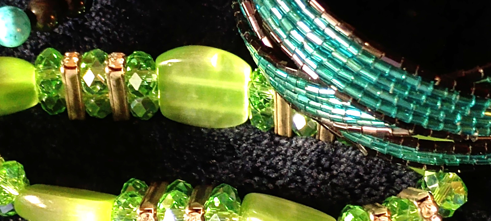 3 Different GREEN Glass bracelets 1960s-70s