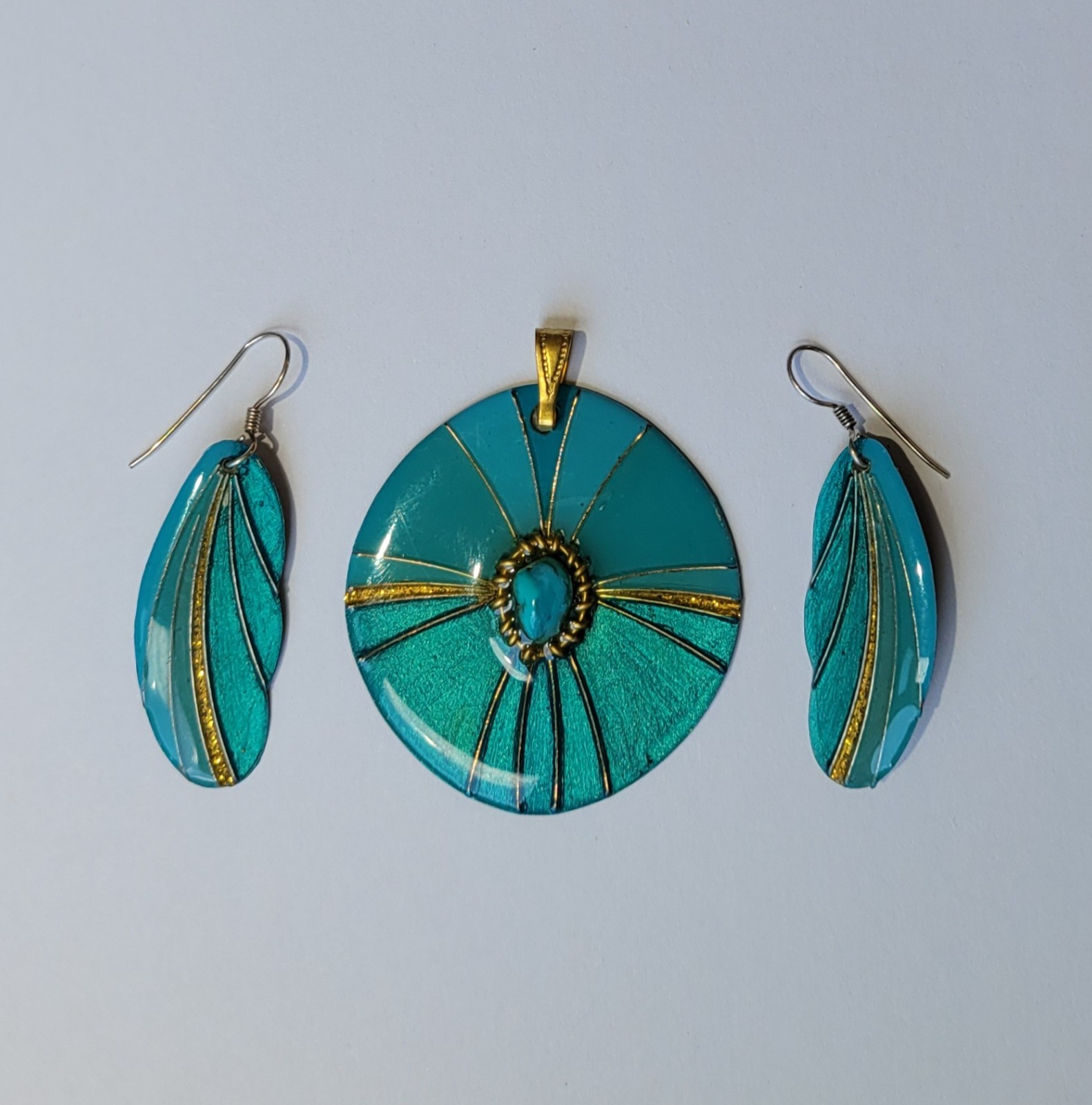 Vintage Gold And Lacquered Blue Handmade Earrings And Pendant Set Signed L.TT