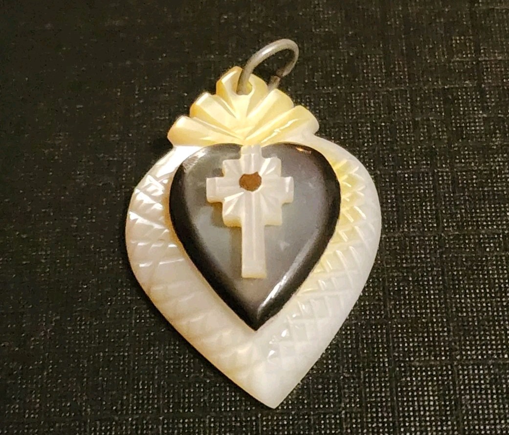 Beautiful Sacred Heart Cross Pendant Hand Carved MOP Victorian Pendant