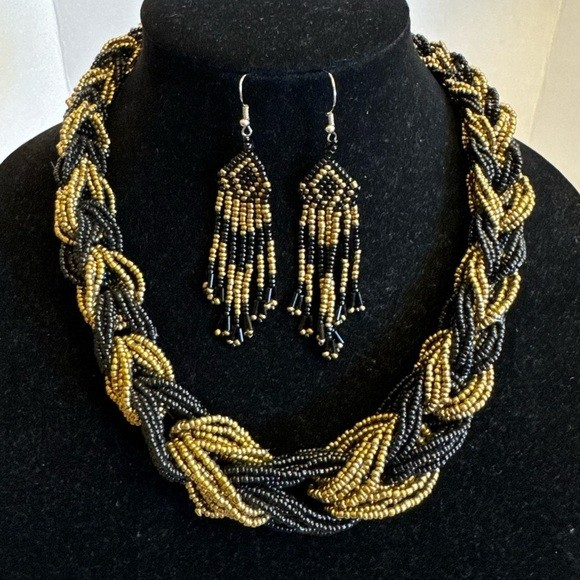 Vintage Multistrand Braided Chunky Beaded Statement Choker Necklace Earring Set