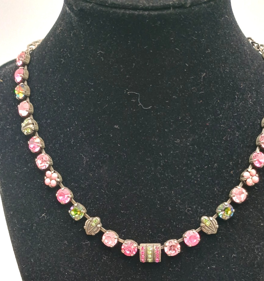Vintage Mariana Swarovski Crystal Necklace Pink Green Silver Tone Israel