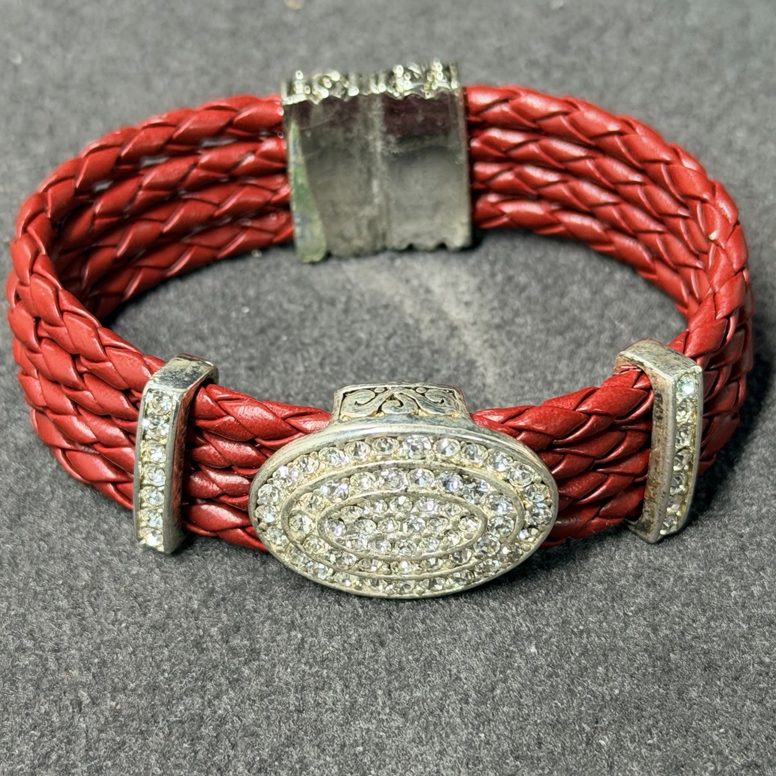 Vintage Red Braided Leather Bracelet Rhinestone Crystal Magnetic Clasp Boho