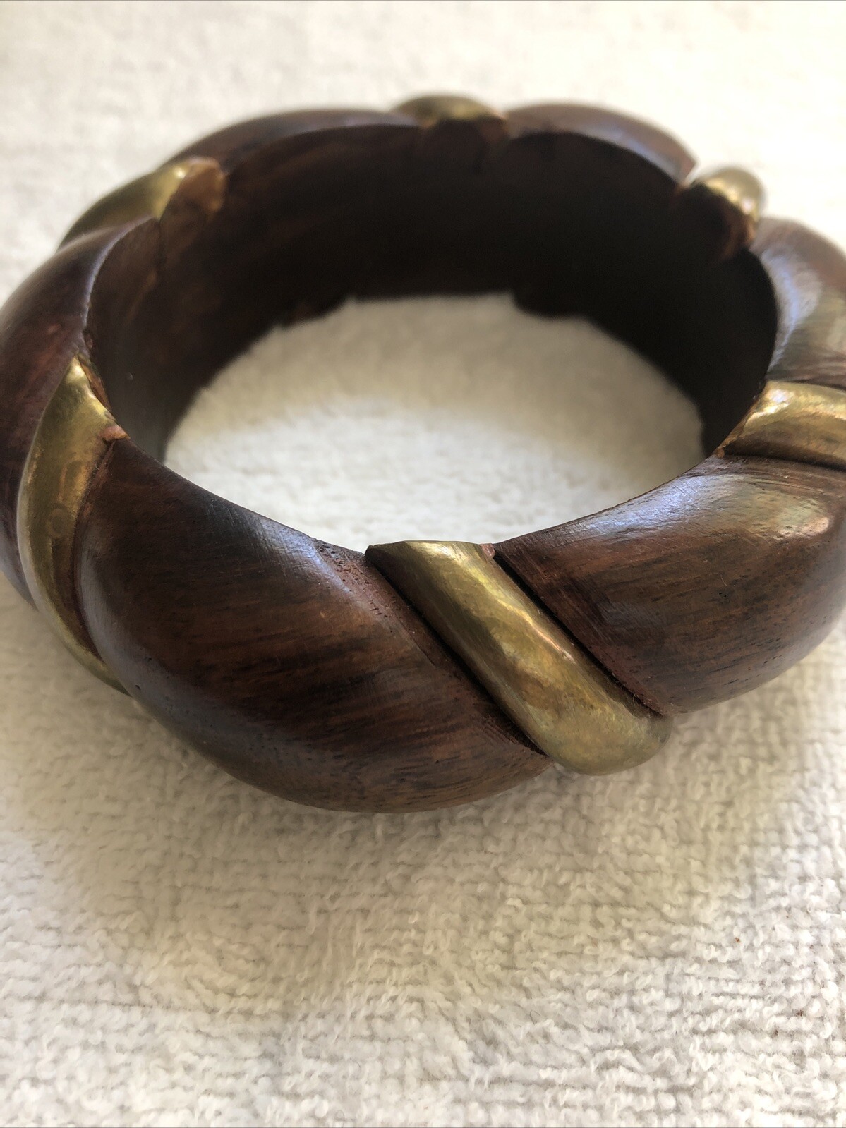 Vintage 1960’s Dark Brown Wooden Bangle with Gold Tone Metal Inlay Bracelet