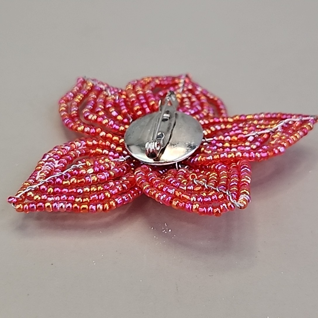 Vintage Seed Bead Flower Brooch AB Red Wired Glass 2.75″