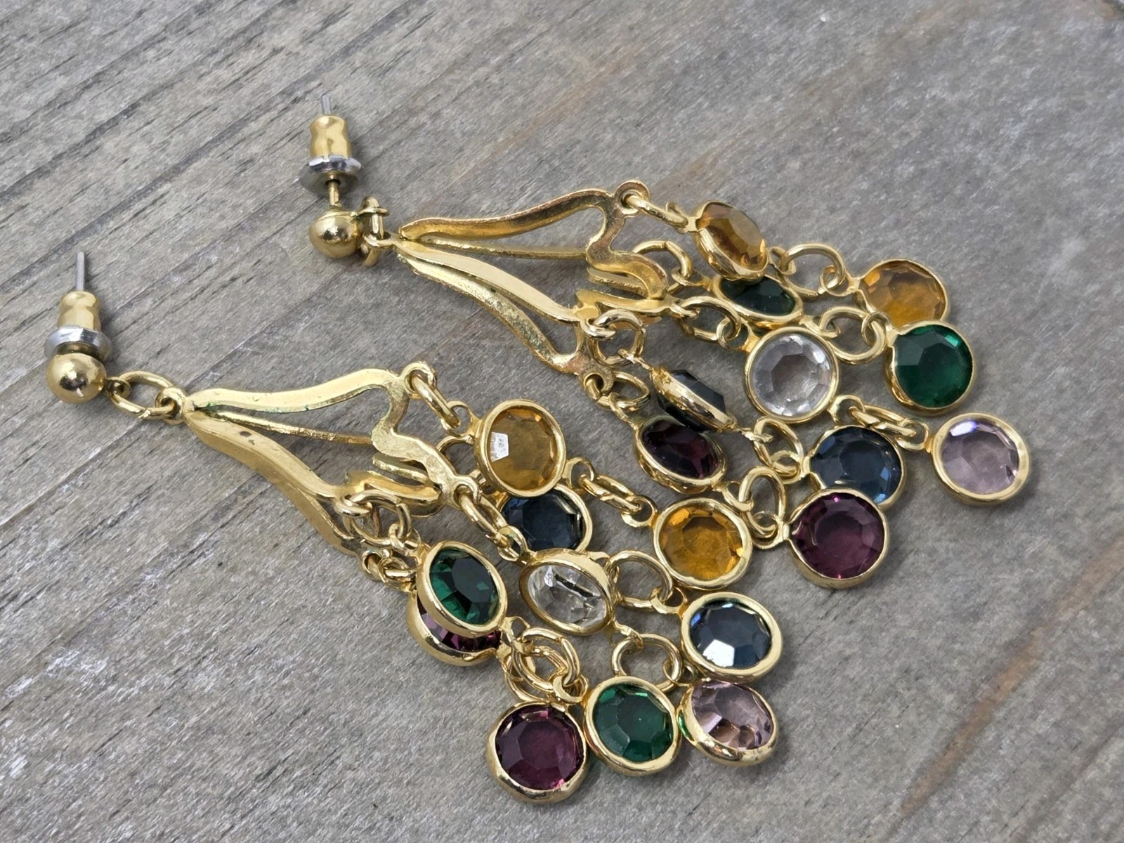 Multicolor Bezel Crystal Dangle Drop Earrings Multi-strand Vintage Unsigned