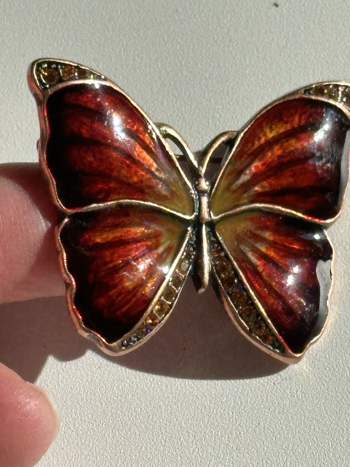 Butterfly Brooch Pin Vintage Rhinestone Enamel Copper?
