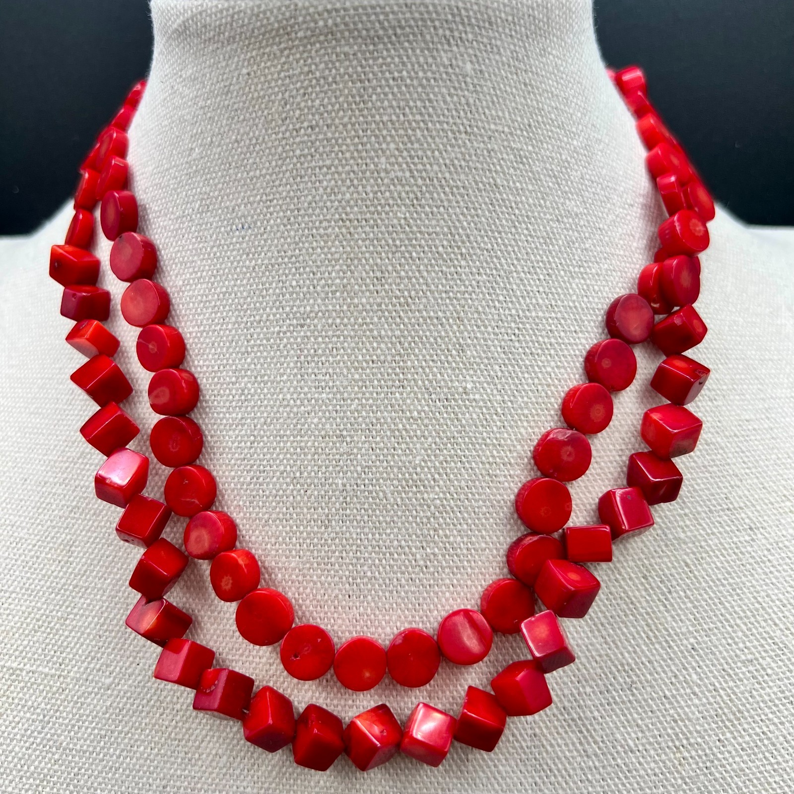 Vintage Natural Red Coral Necklace Double Strand Choker Disc Cube Beads 16″