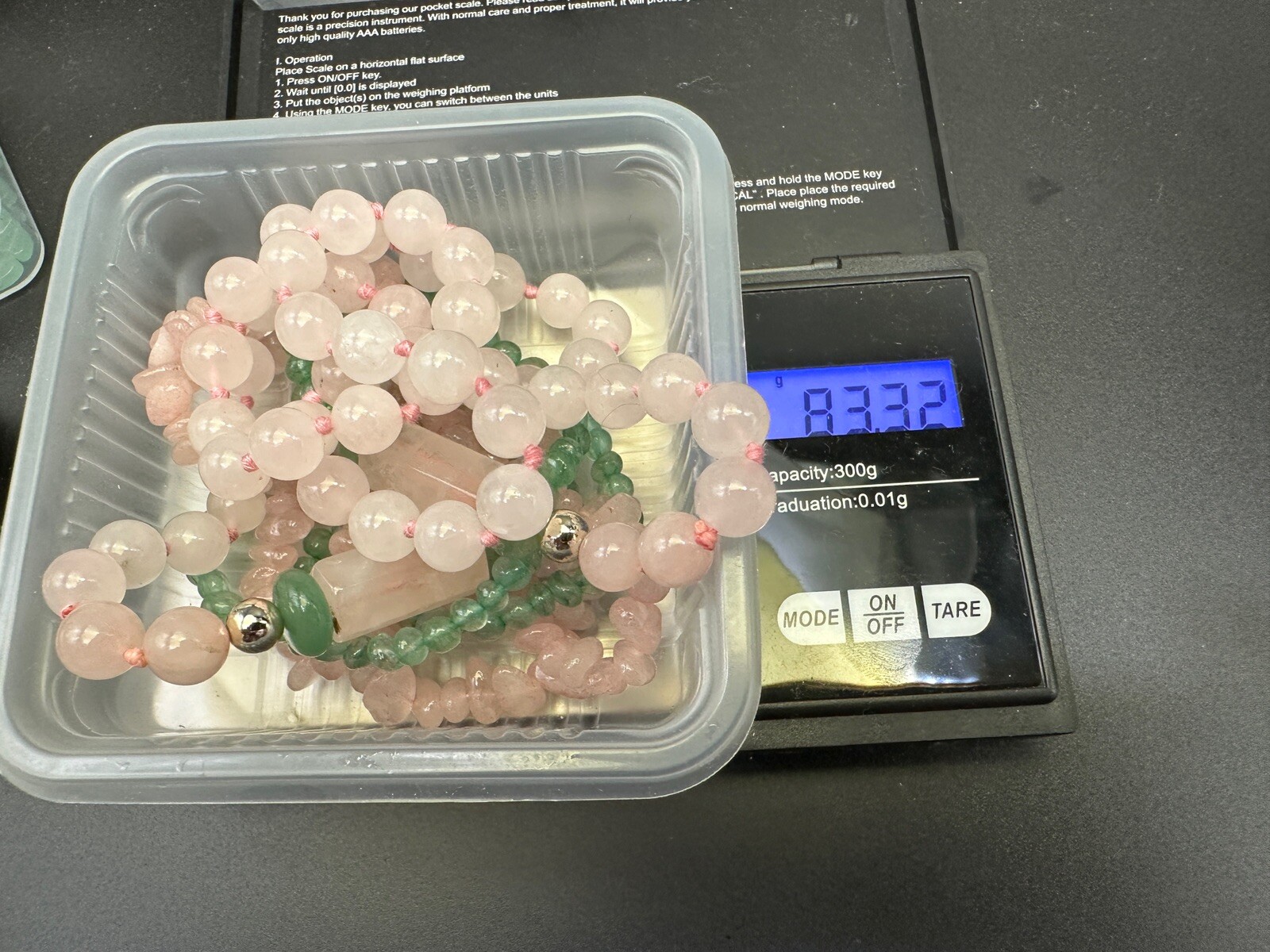 Vintage Chinese Export Multistrand Pink Rose Quartz Green Jade Necklace Stunning