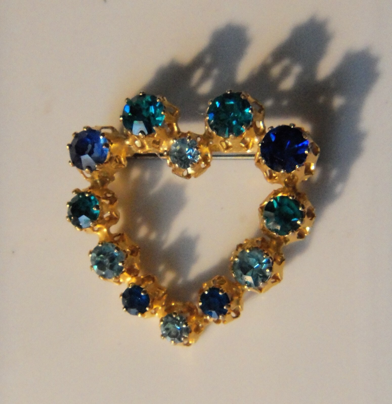Signed AUSTRIA Light/Dark/Teal Blue Crystal Rhinestone Heart Pin