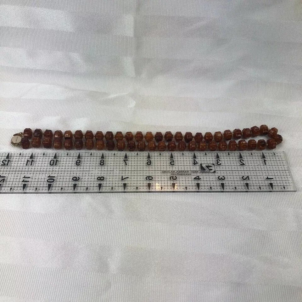 VINTAGE BOX TAB INSERT CLASP HONG KONG Bead Brown Acrylic Faux Wood Necklace 24″