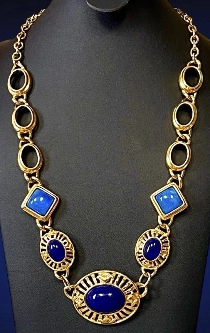 Vintage Etruscan Revival Necklace Chunky Blue Lucite Gold Tone Statement