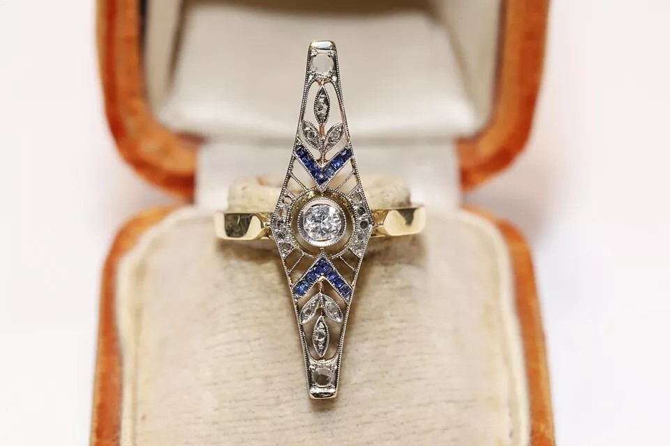 Antique Circa 1920s Art Deco 14k Gold Finish Lab Created Diamond Navette Ring