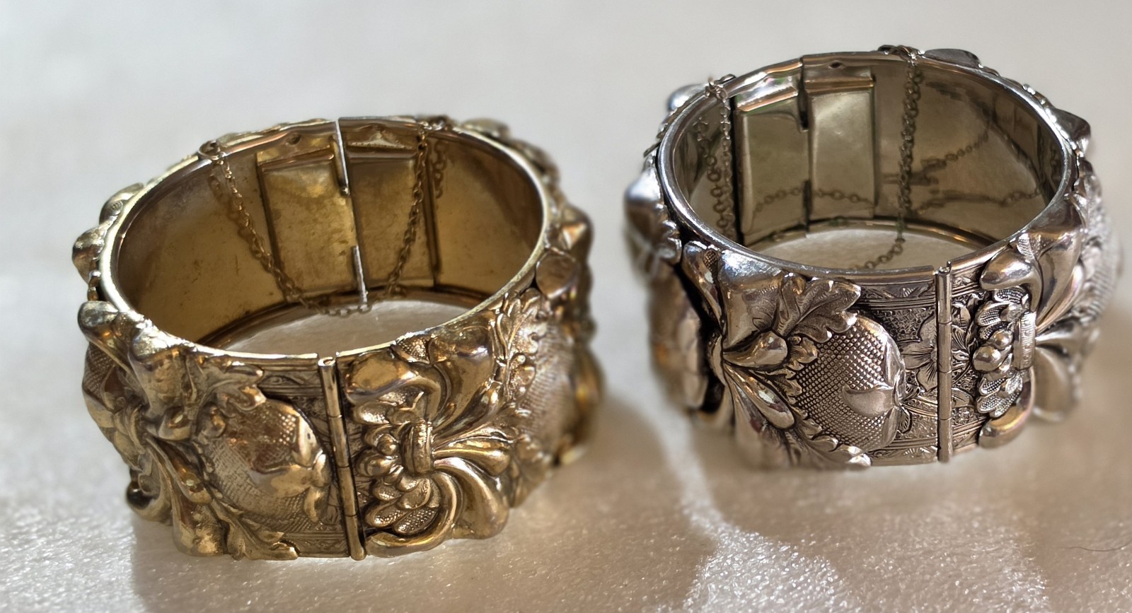 Vintage signed Vargas Whiting & Davis High Relief Hinged Cuff Bracelets