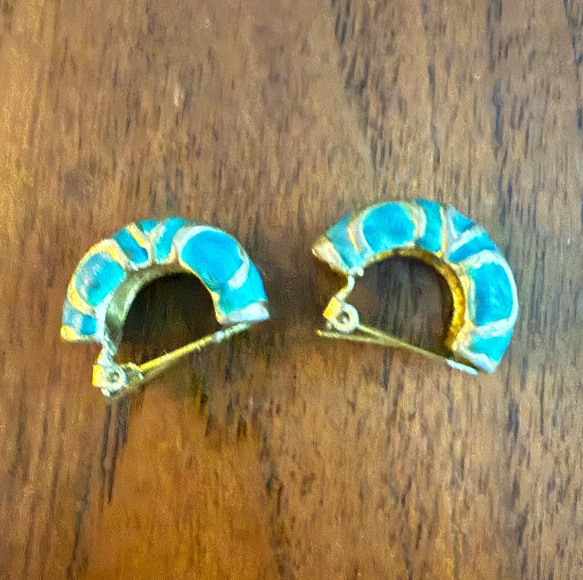 Vintage Orena Paris Teal French Enamel Clip Earrings Brass Boho Swirl 1970s