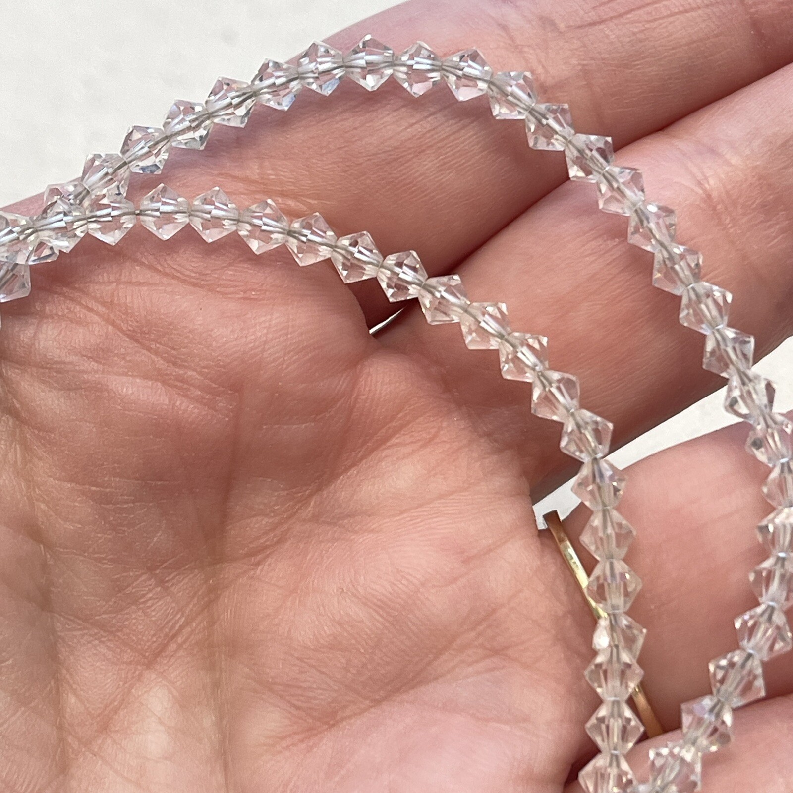 Vintage Small Bicone Clear Faceted Bead Collar Necklace 4mm 17″ Dainty Sparkly