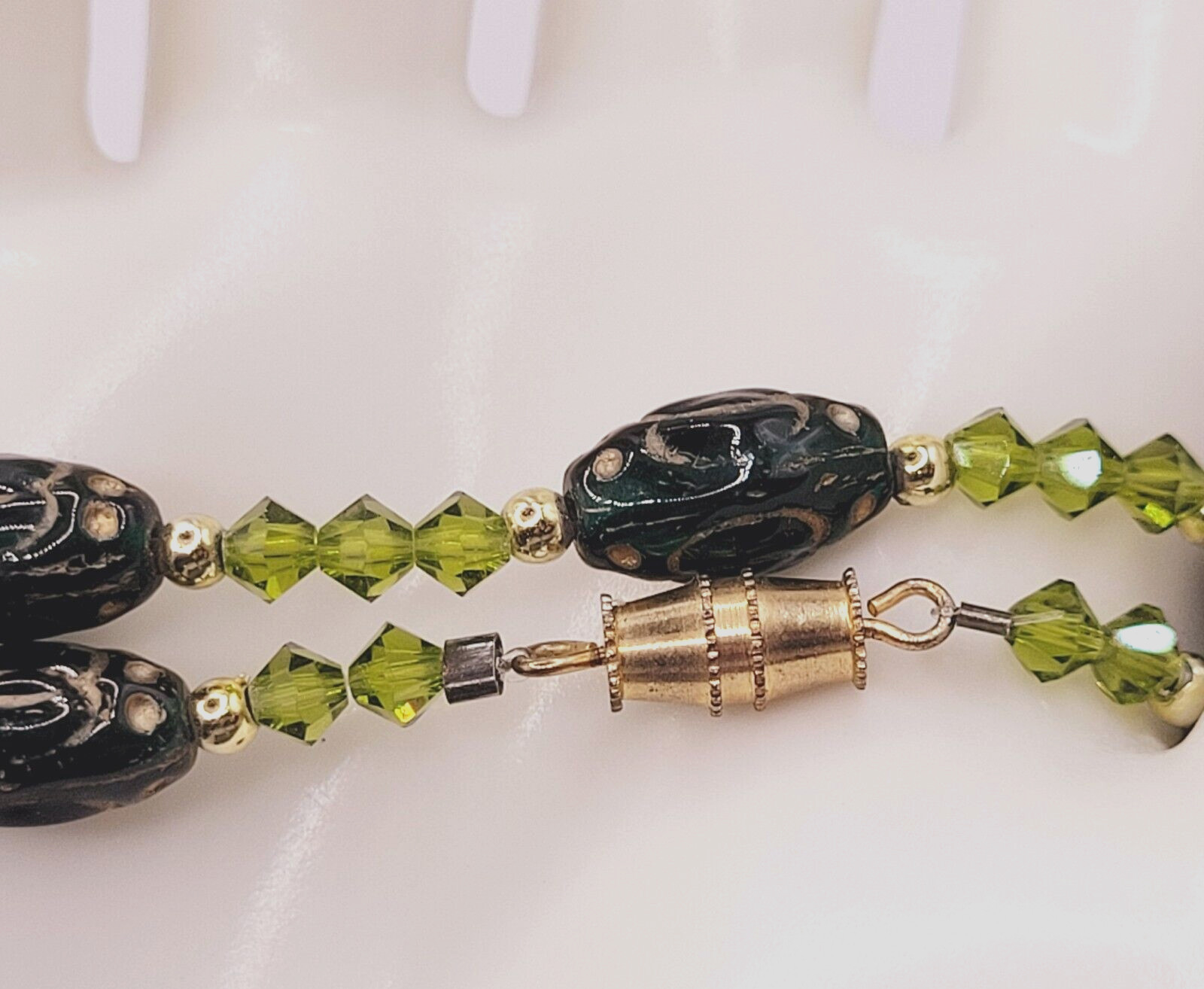 Green Art Glass Crystal Vintage Necklace Light & Dark Green Shades Gilded Beads