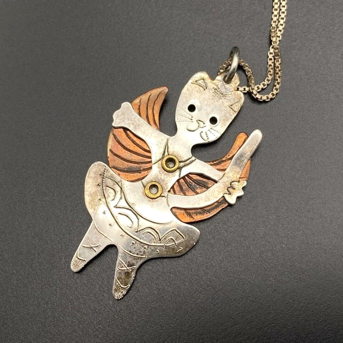 Vintage Dancing Cat Ballet Mixed Metal Sterling Silver Copper Wing Pendant