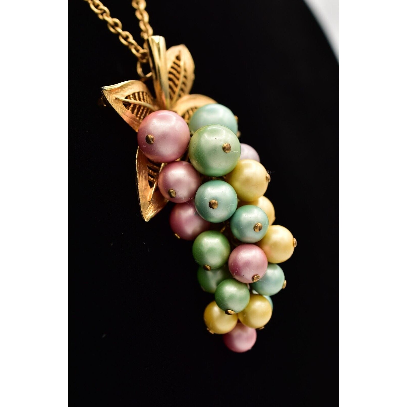 Vintage Grape Pendant Necklace Brushed Gold Multi-Color Cluster Vine Pastel BinK
