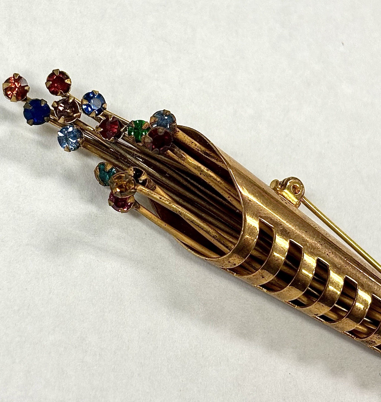 Vintage Rhinestone Flower Bouquet Brooch Wrapped Floral Design Gold Tone Pin